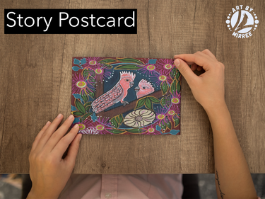 'Pink Galah and Baby with Flower Medicine' Aboriginal Art A6 Story PostCard Single by Mirree